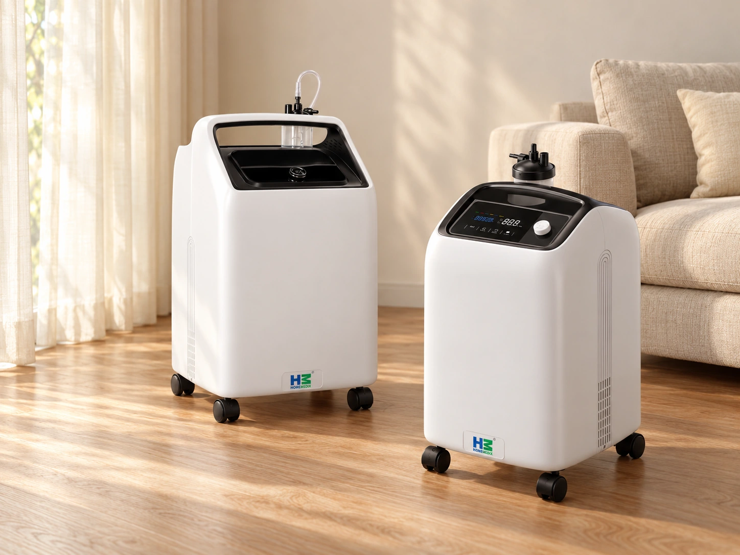 Home Medix oxygen concentrators arranged in a warm, naturally lit room