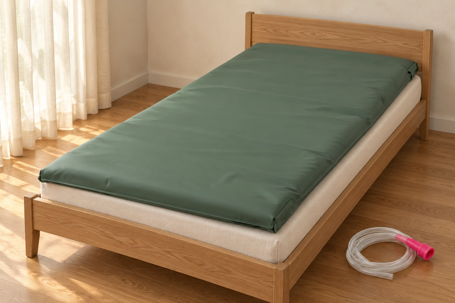 Styled green AquaQuilt water mattress on a simple oak bed with its filling tube beside it