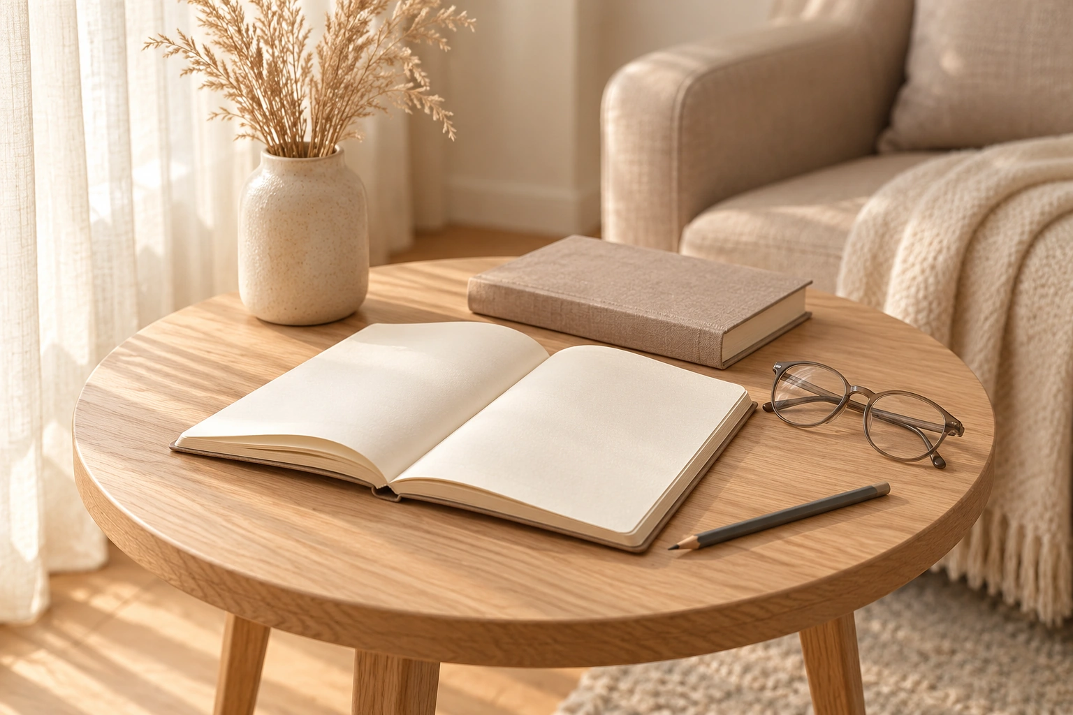 An open blank notebook and reading glasses on a naturally lit wooden table