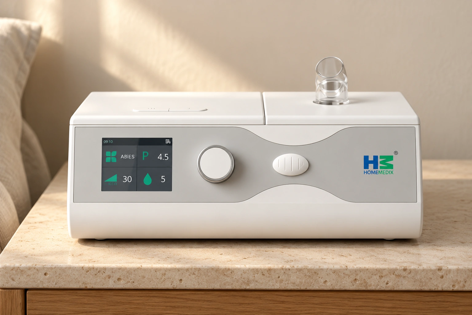 Styled HM-BV-30 sleep therapy device with its gray control panel on a naturally lit bedside table