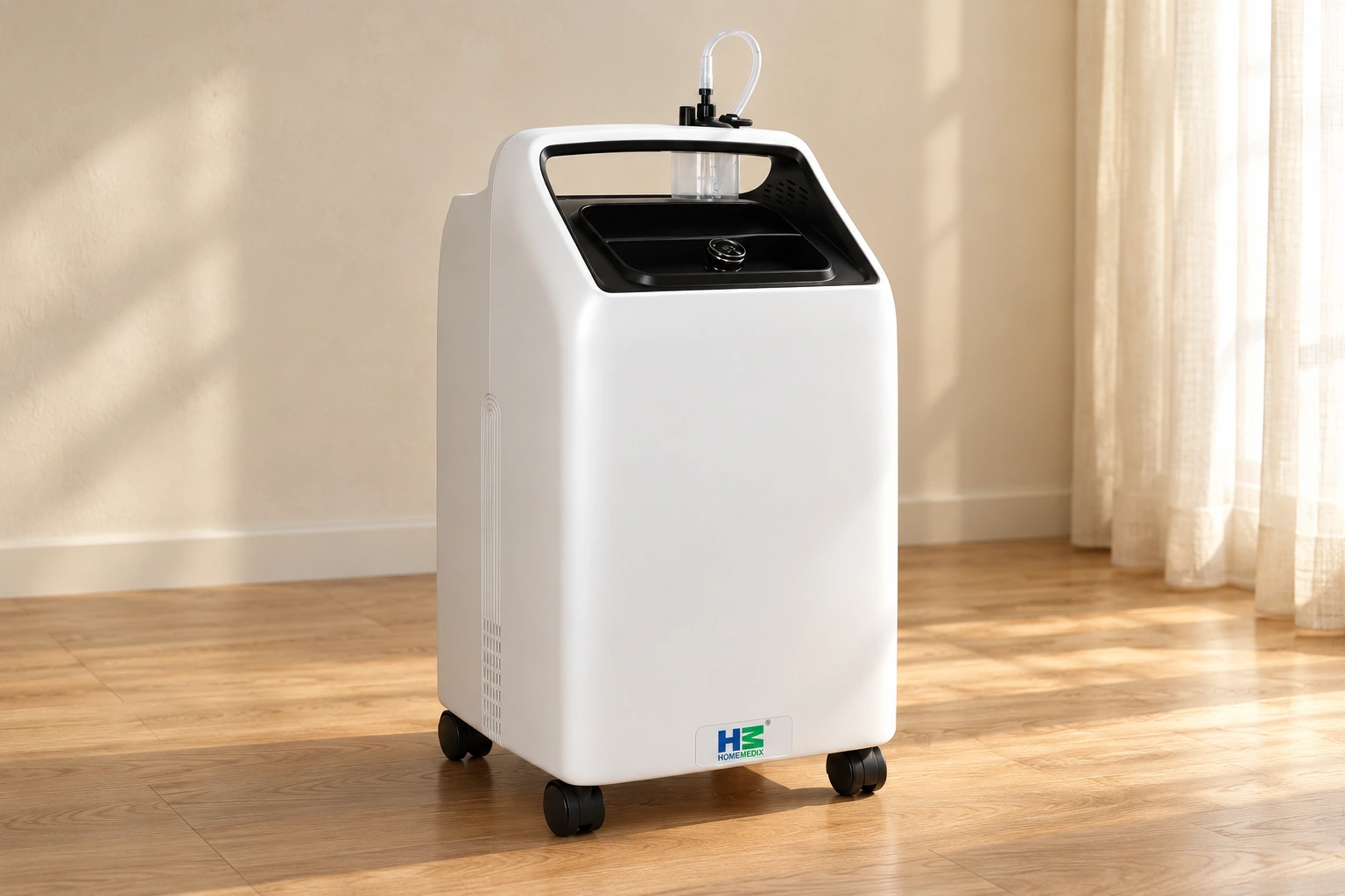 Styled HM-KX oxygen concentrator on a warm wood floor beside a linen curtain