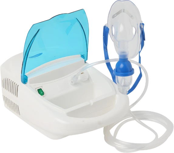 Home Medix HM Pro nebulizer with open lid, mask and tubing