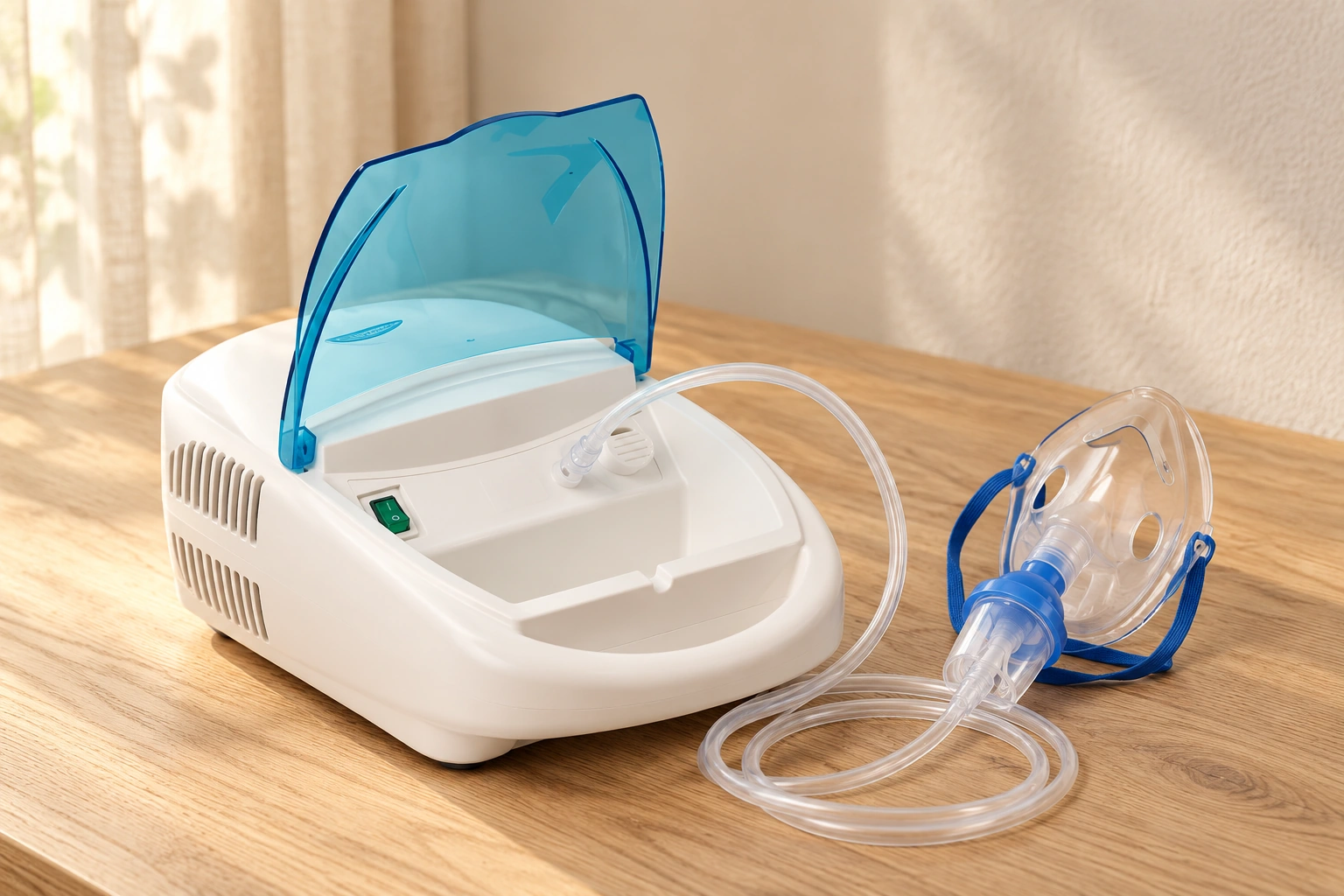 Styled HM Pro nebuliser with its translucent blue lid open and its mask and tubing on an oak table