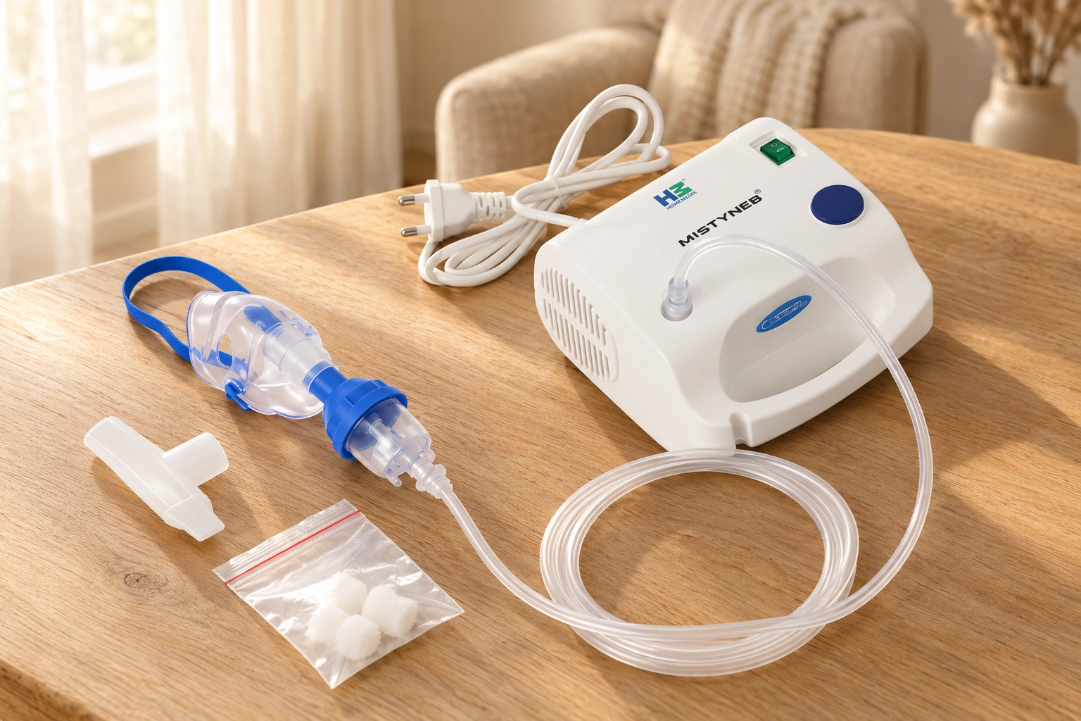 Styled Mistyneb nebuliser with its mask and tubing on a naturally lit oak table