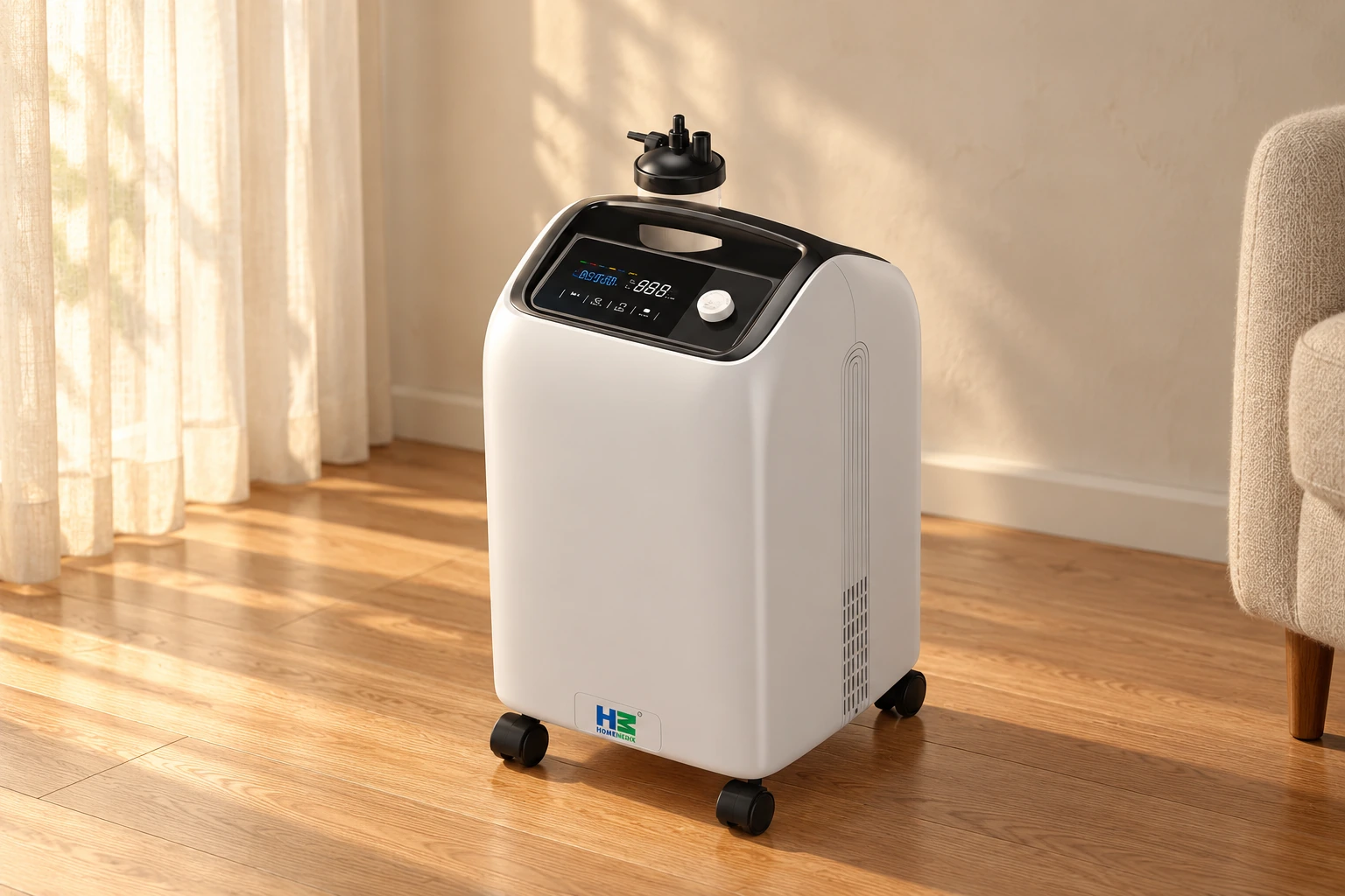 HM-KV oxygen concentrator in a softly lit living room