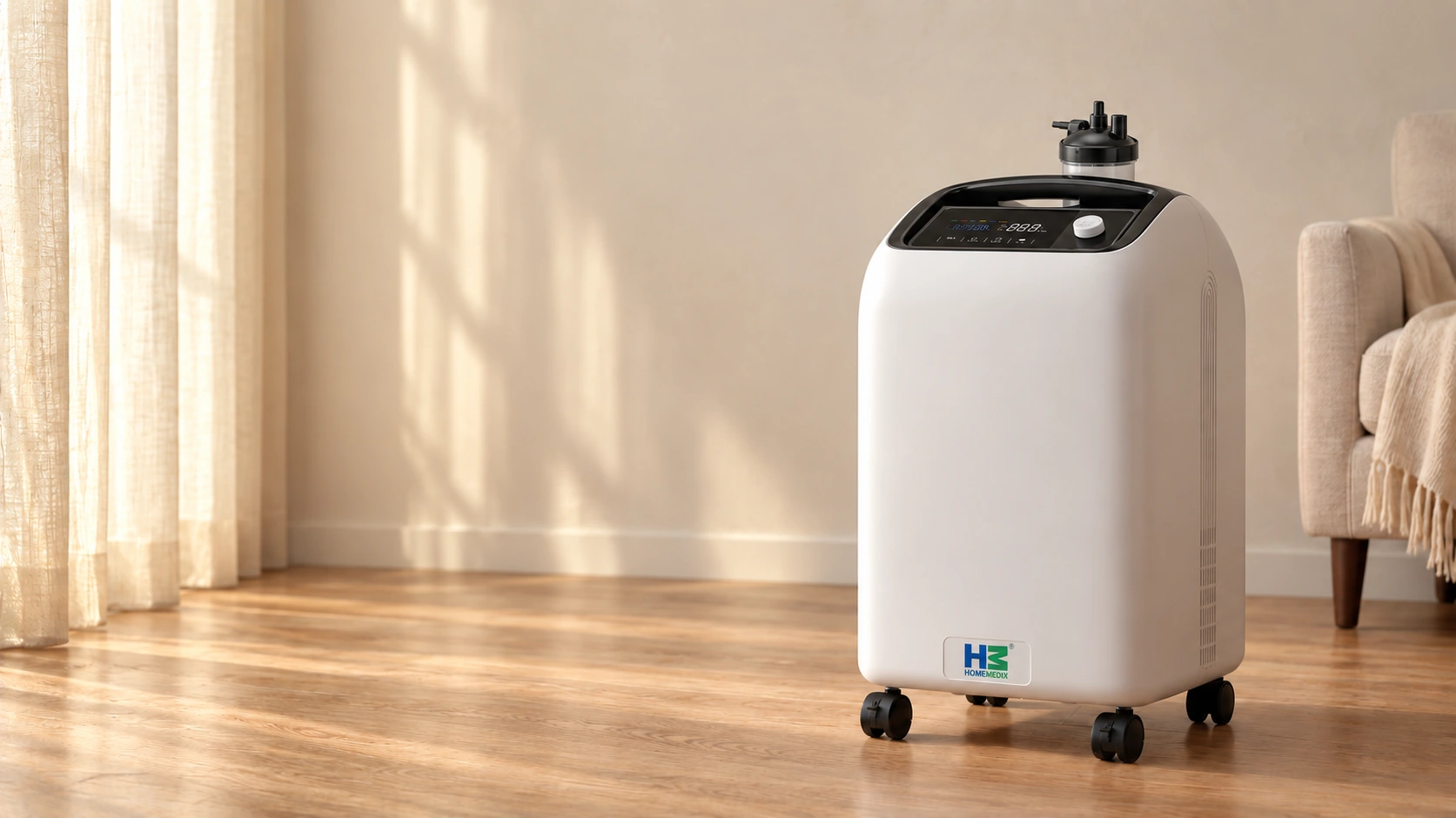 HM-KV oxygen concentrator in a warm, naturally lit living room