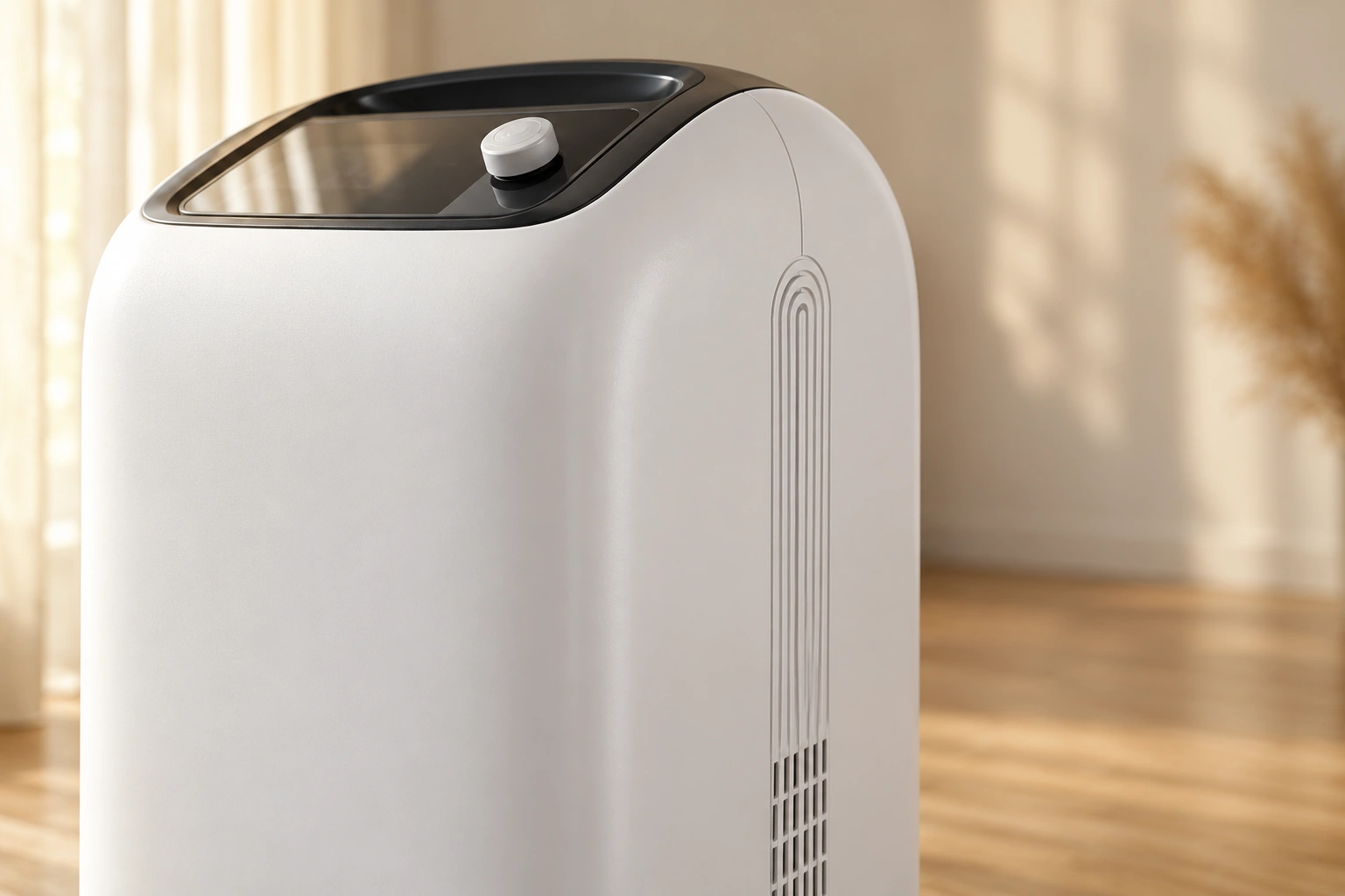 Close-up study of a curved white equipment housing and ventilation slots in warm natural light