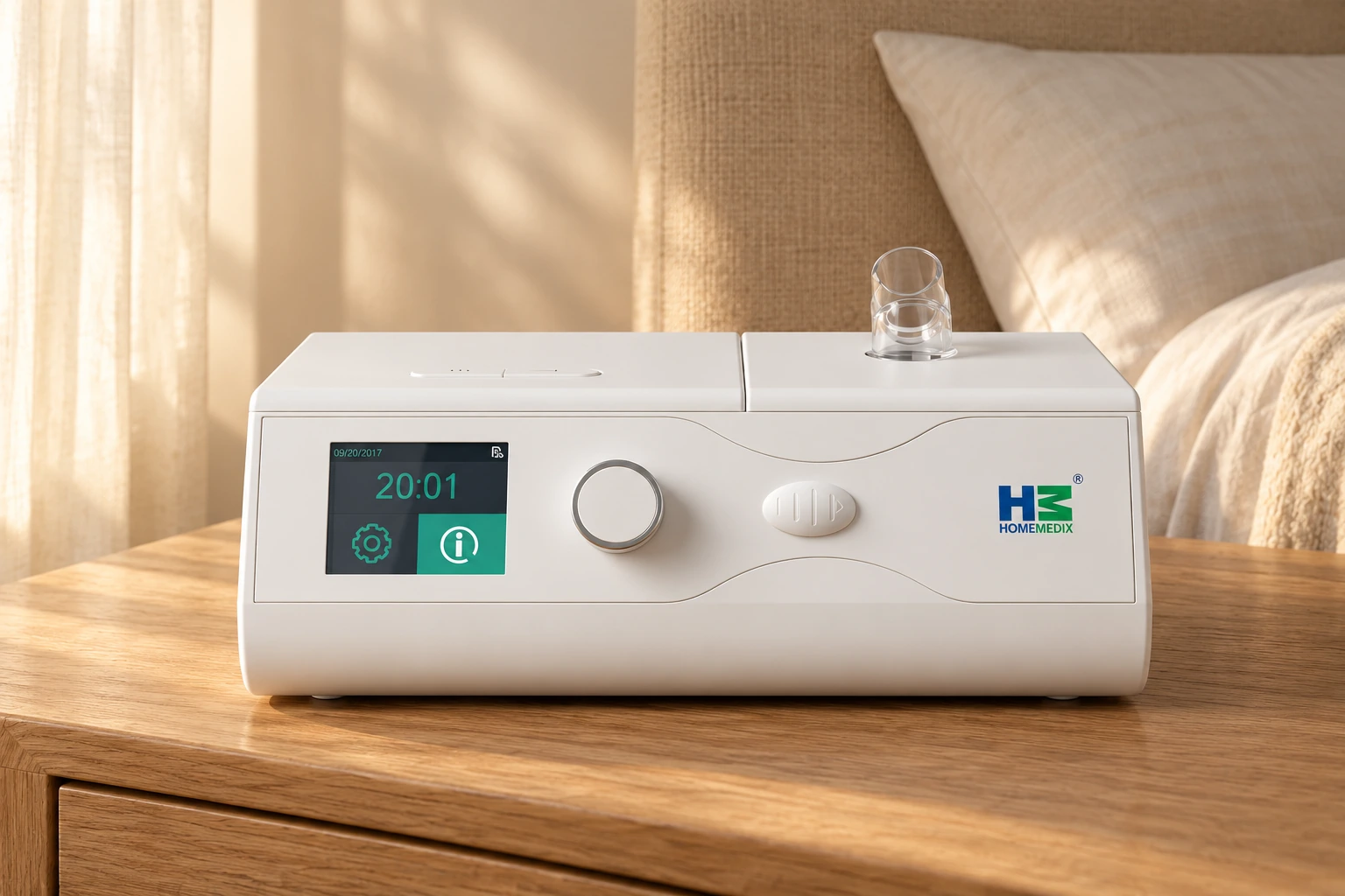 Home Medix sleep therapy device on a bedside table in a warm bedroom