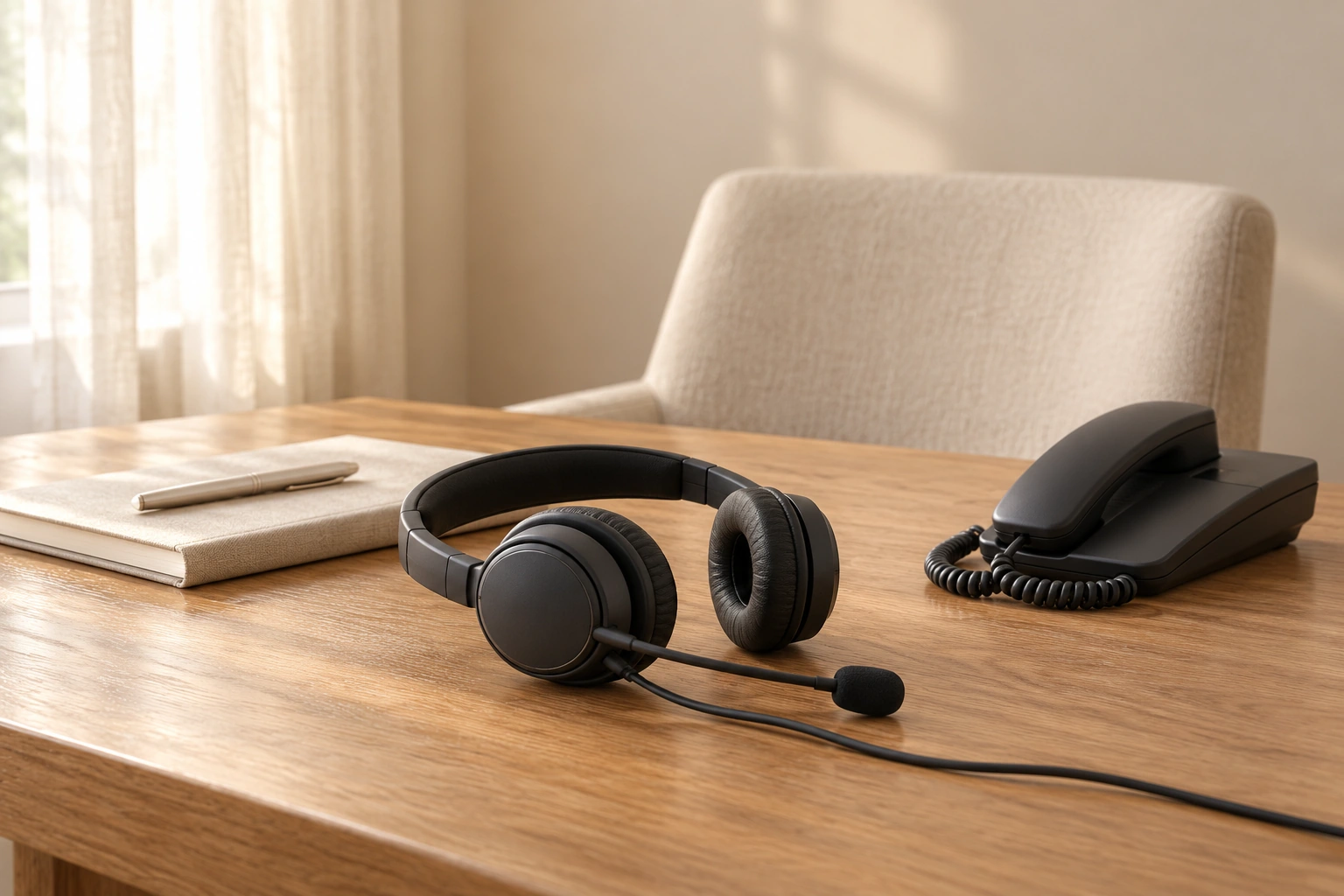 A headset and phone on a warm oak desk in natural light